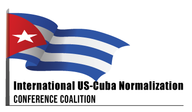 Cuban flag with text message that reads International US-Cuba Normalization Conference Coalition